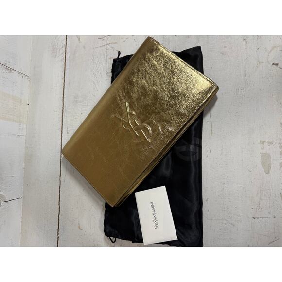 NWT Saint Laurent Metallic Calfskin Monogram Belle De Jour Clutch Gold Large - Picture 2 of 6